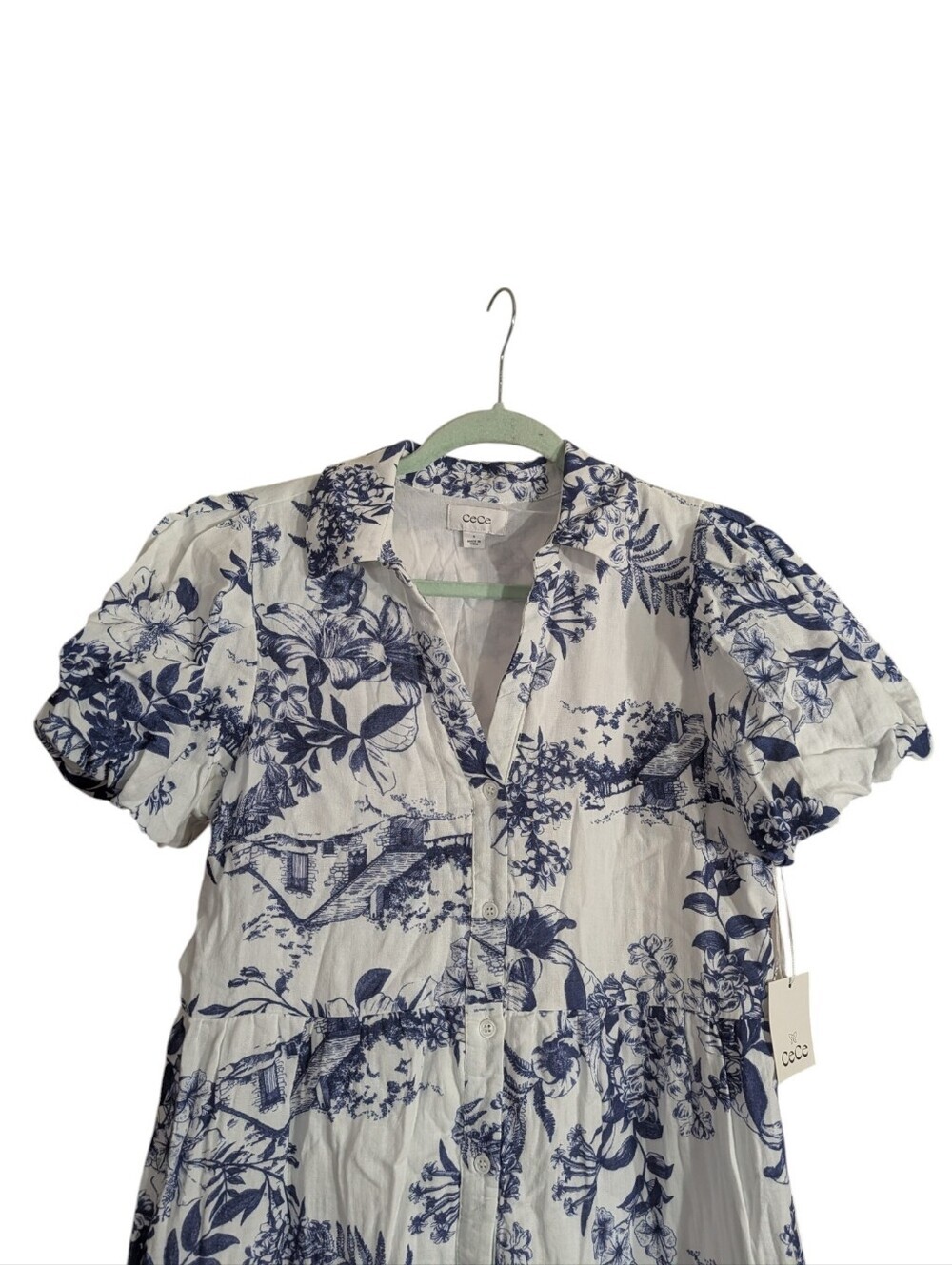 CeCe A La Plage Blue & White Toile Print Tiered Midi Dress NWT Size Small - Picture 3 of 11
